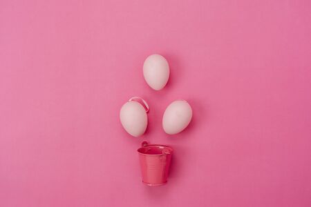 Table top view shot of decorations Happy Easter holiday background concept.Flat lay arrangement...