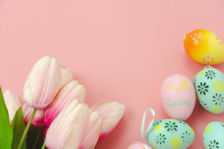 Table top view shot of decorations Happy Easter holiday background concept.Flat lay simple minimal...