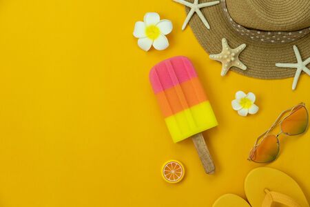 Table top view accessory of clothing women  plan to travel in Hello summer holiday background...