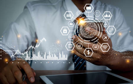 Human using mobile phone technology for digital marketing of statistics level up of graph. business management  goal strategy action plan. Global customer network connection on icon virtual interface.の写真素材