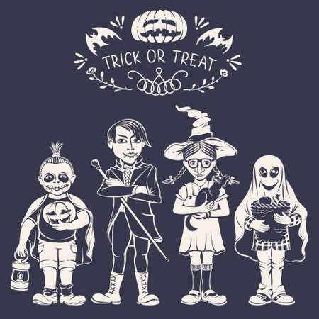 A Group of Children in Festive Costumes, Begging for Sweetness on Halloweenのイラスト素材