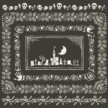 Stylized Hand-drawn Halloween Frames and Borders with Blends and Cemetery Landscapeのイラスト素材