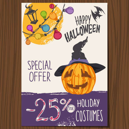 Funny Halloween Poster with Festive Illumination, Halloween Pumpkin in Witch Hat and Promotional Textのイラスト素材