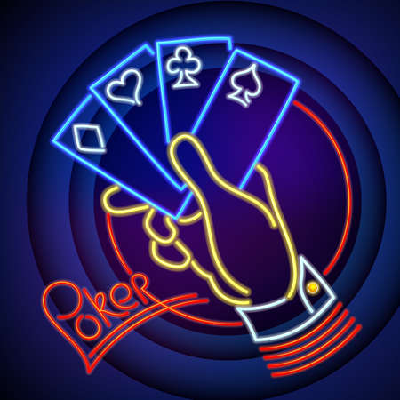 Poker Illustration: Hand Holding Playing Cards in Neon Lightのイラスト素材