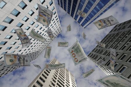 Money from the sky. Digital image with tall city buildings.