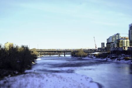 Bridge over river in downtown Calgaryの写真素材