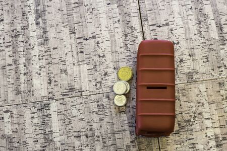 Red Piggy Bank with coins - Space for Copyの写真素材