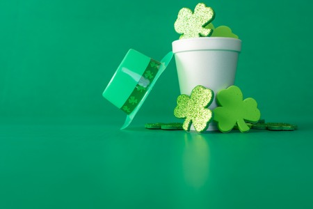 St Partrick s Day concept - Green hat with vlover in coffee cup