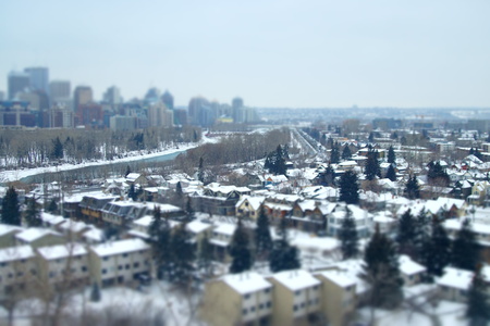 Tilt shift view of downtown Calgary in Winterの写真素材