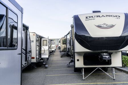 September 07 2019 - Calgary, Alberta, Canada - Recreational Vehicles on display for sale at Exhibitionのeditorial素材