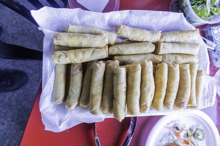 Deep fried spring rolls on a party buffet
