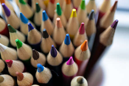 Collection of colored coloring pencils used for school artの写真素材