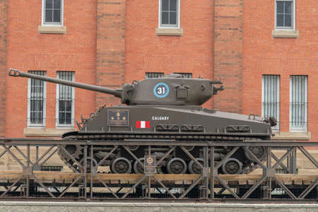 September 19 2020 - Calgary, Alberta Canada - Sherman tank on Dsiplay in front of Mewata Armouryのeditorial素材