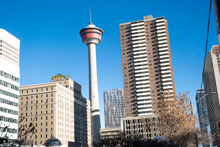 December 6 2020 Calgary, Alberta Canada - Downtown Calgary Skyline with the Calgary Tower