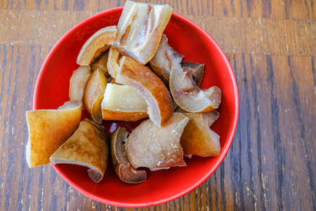 Nigerian Cowskin Ponmo in Red bowl to make stewの写真素材