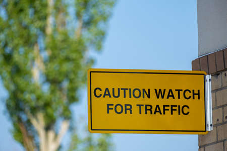 Caution Warning Sign at fast food restaurant drive thruの写真素材