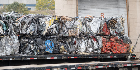 Compressed cubes of scrap metal at a junk yard.の写真素材