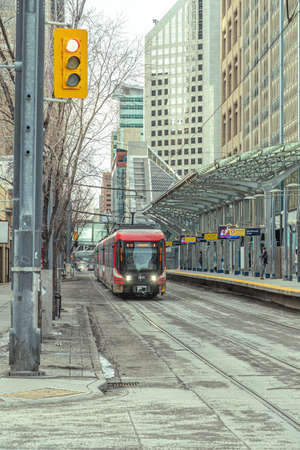 16 January 2022 - Calgary Alberta Canada - Calgary Transit LRT train on rails
