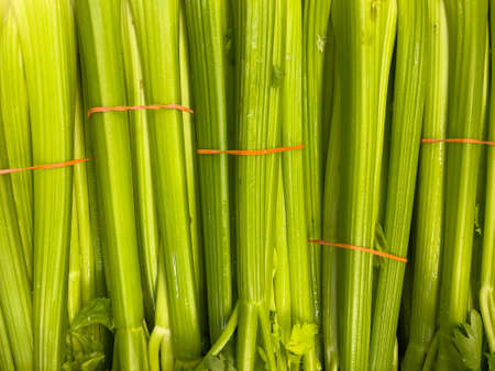 Organic Fresh Leeks on display at supermarketの写真素材
