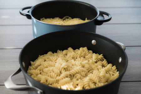 Freshly prepared pasta in pot ready to serve