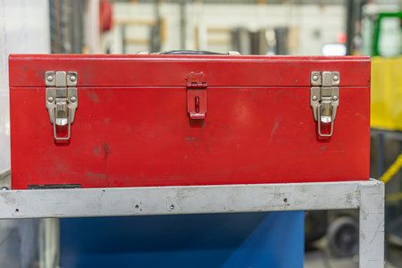 Red metal toolbox in factory workshop spaceの写真素材