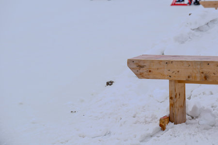 Park Bench on the assiniboine river bank in Winnipeg Manitobaの写真素材