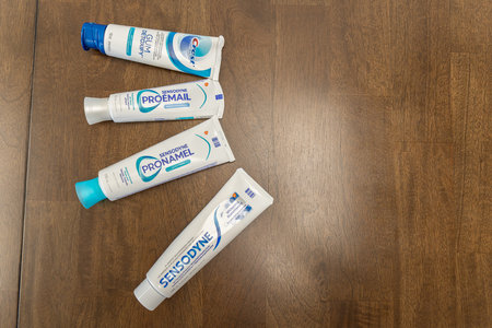 October 2 2023 - Calgary Alberta Canada -Set of Sensodyne toothpaste on displayのeditorial素材