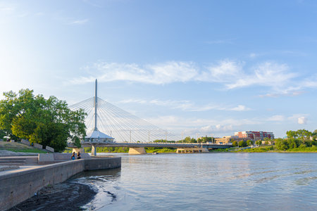 July 11 2023 - Winnipeg Manitoba Canada - Esplanade Riel Footbridge at the forksのeditorial素材
