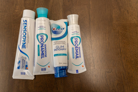 October 2 2023 - Calgary Alberta Canada -Set of Sensodyne toothpaste on displayのeditorial素材