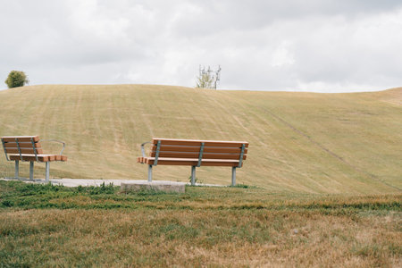 Park benches in a public park with a hillの写真素材