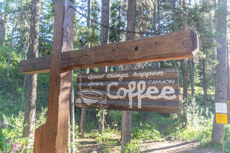 June 25 2024 - Banff Alberta Canada - Johnson Canyon signs and directionsのeditorial素材