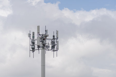 Communications transmission tower with antennae and radio