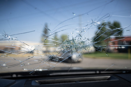 Smashed vehicle windscreen with massive hailstorm damageの写真素材