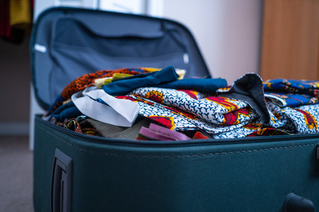 Box full of Nigerian traditional wax print Ankara Clothの写真素材