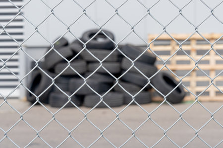stack of old recycled tires behind chain link fenceの写真素材
