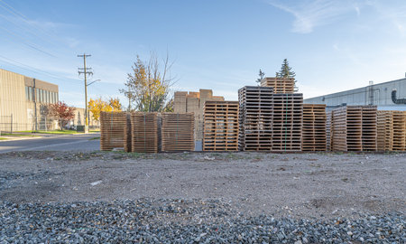 Stacks of wood pallets in a factory
