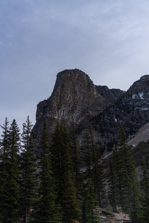 Mountains surrounding moraine lake in Albertaの写真素材
