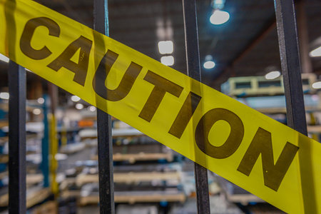 caution yellow tape on factory stair railingの写真素材