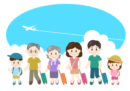 Illustration of family trip (passenger plane and blue sky)のイラスト素材