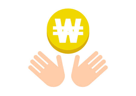 Hands and coin. Won, South Korean won. Vector illustration.のイラスト素材