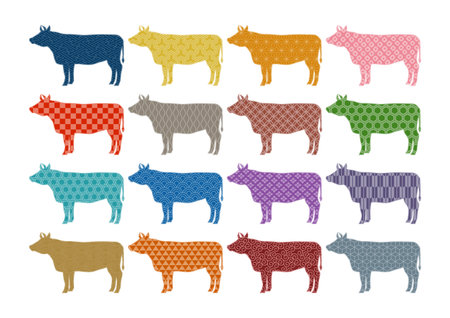 Vector illustration of cattle. Ox, cow, bull. Colorful Japanese traditional pattern.のイラスト素材