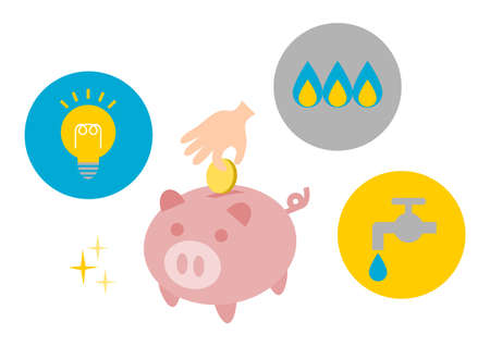 Vector illustration of save money on utility bills. Piggy Bank and coin. Water, gas, electricity.のイラスト素材