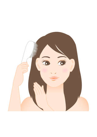 Woman combing her hair with a brush. White background. vector illustration.のイラスト素材
