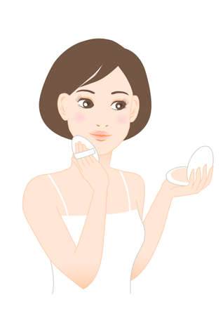 Woman applying foundation. White background. vector illustration.のイラスト素材