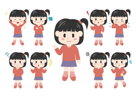 Vector illustration of child. Girl emotion. Happy, angry, crying, laughing, troubled, impatient. Various facial expressions and gestures. Icon set.のイラスト素材