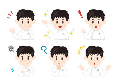Vector illustration of Medical personnel. Man facial expressions set. Health care workers, nurse, caregiver.のイラスト素材