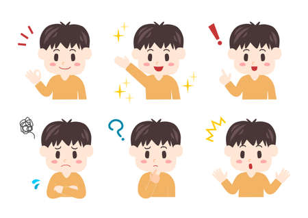 Vector illustration of child. Boy expressions set. Vector illustration.のイラスト素材