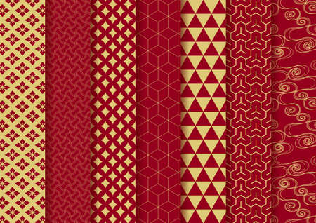Japanese traditional pattern. A set of various patterns. Red and gold. Vector  illustration.のイラスト素材