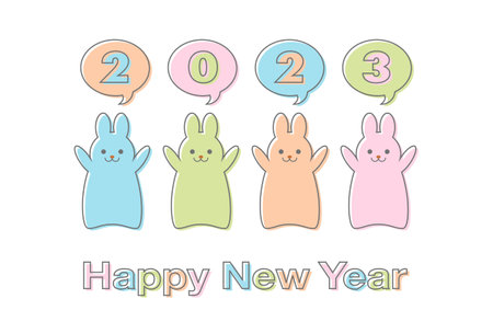2023 New Year's card. Cute rabbits saying "Happy New Year". Japanese traditional pattern background. Vector illustration.のイラスト素材