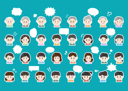 Communication of people. Face icons with speech bubbles. Vector illustration. Blue background.のイラスト素材